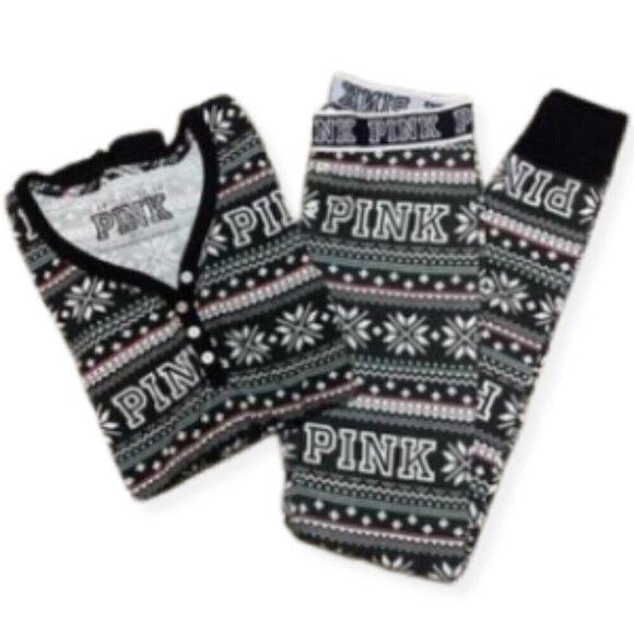 Victoria's Secret Pink Thermal Henley Pajama Set Long Sleeves Holiday Christmas - Picture 2 of 8